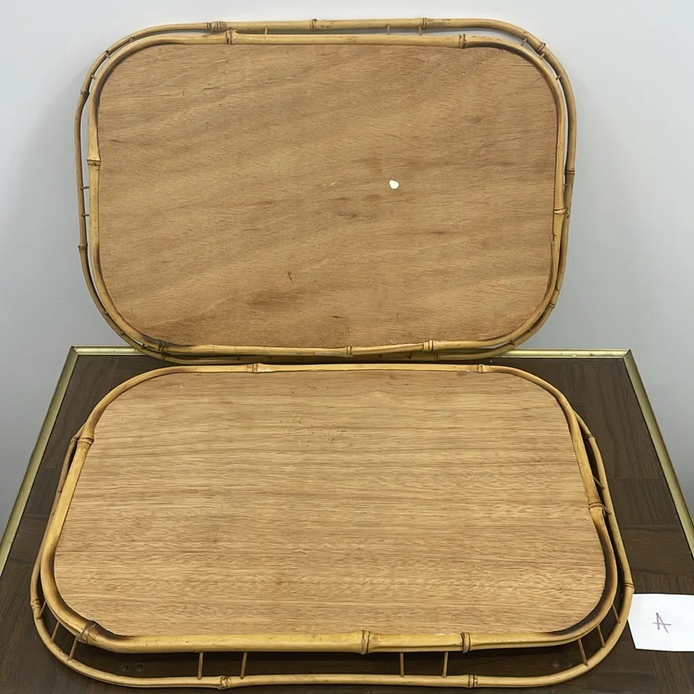 Vintage MCM Bamboo & Rattan Wicker Style Trays Set of 2  Size 19 x 13 x 1.25
